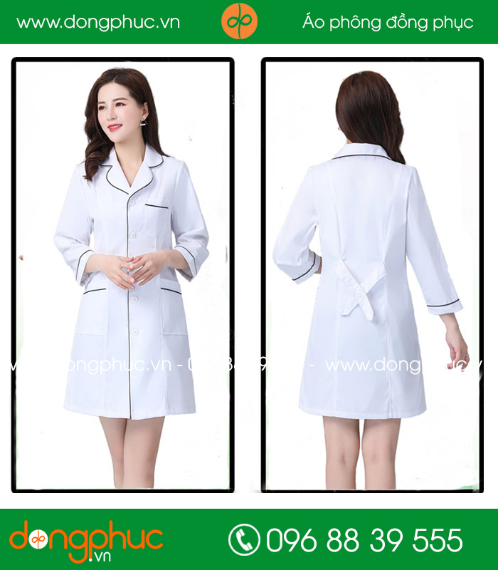 Áo blouse đồng phục y tá - Bác sĩ màu trắng viền tím than